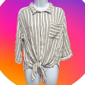 VIXBE Womens XL White Black Stripe Button Up Tie Front Top 3/4 Sleeve 100% Rayon